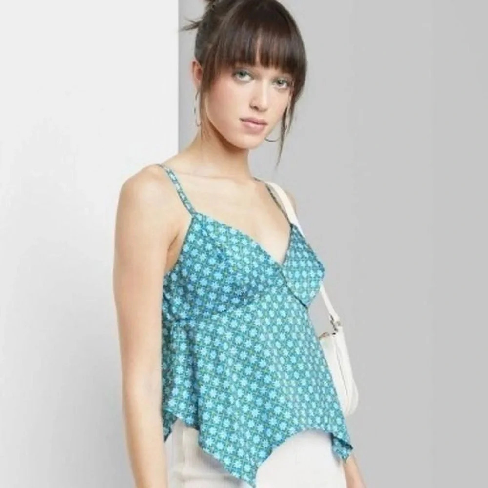 NWOT Wild Fable Handkerchief Geometric Floral Strappy Blouse in Blue Size S